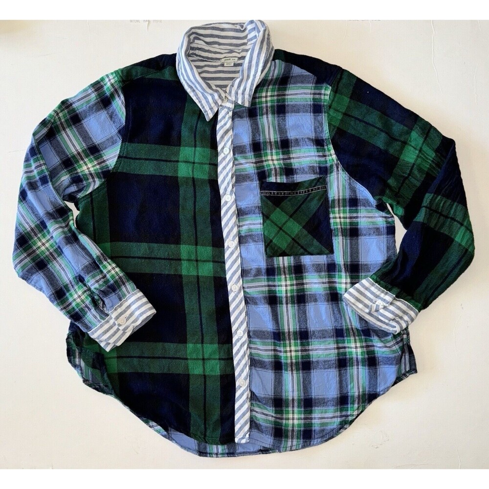 Aerie American Eagle Plaid Flannel Button Up Pajama Shirt Top Green Blue M